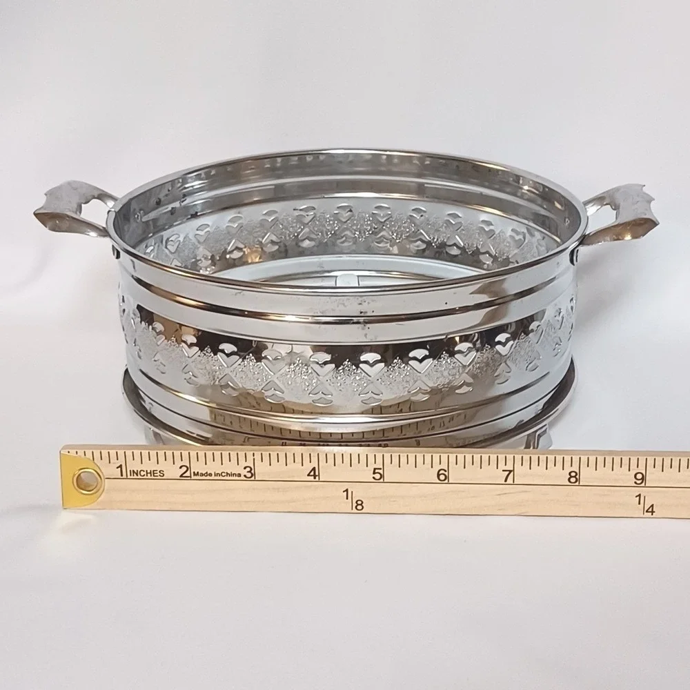 Vintage Silver Tone Pierced Heart Casserole Chafing Dish Stand Holder w/Handles
